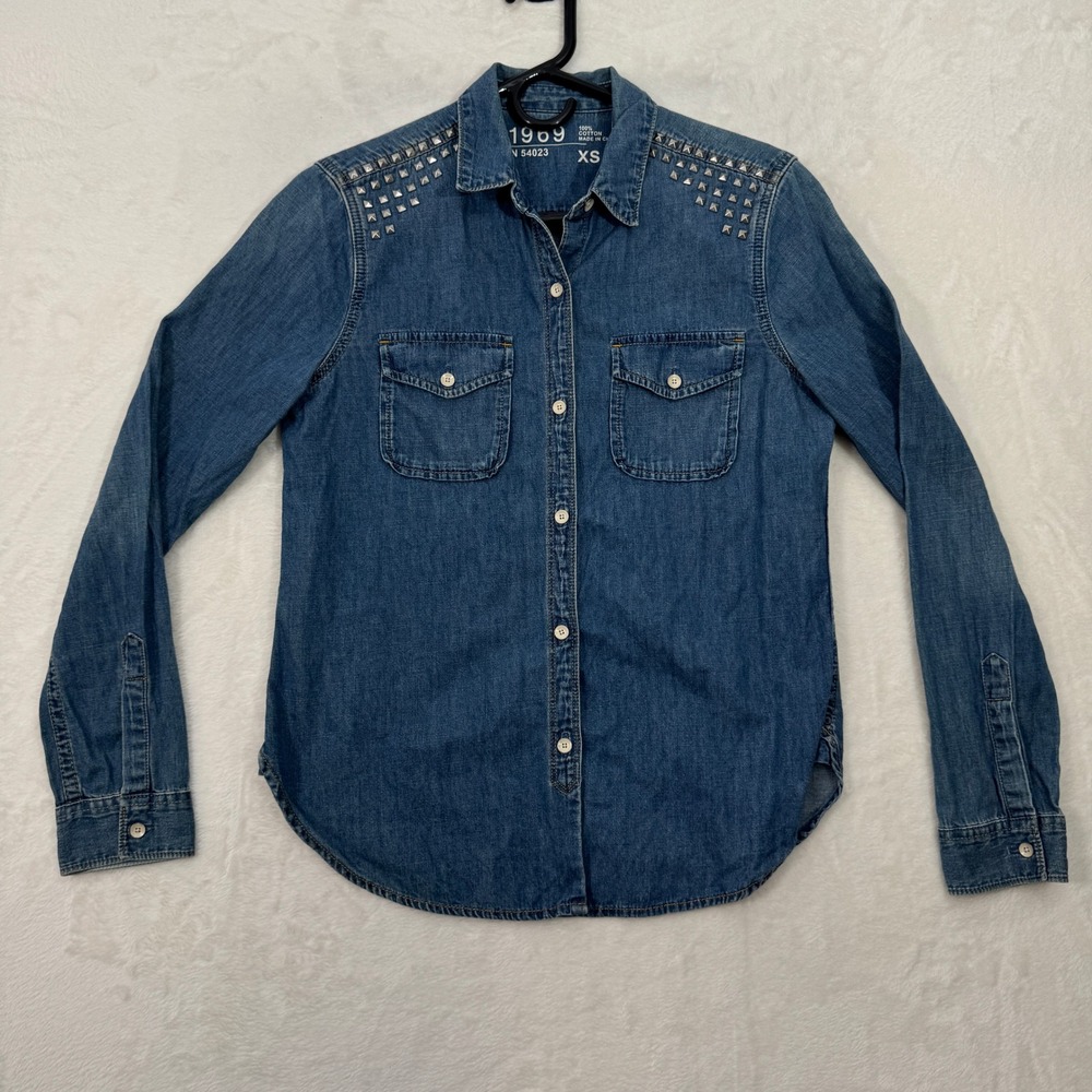 Gap Denim Shirt‎ Womens XS Blue 1969 Adler Wash Studded Western Flap Pocket Long